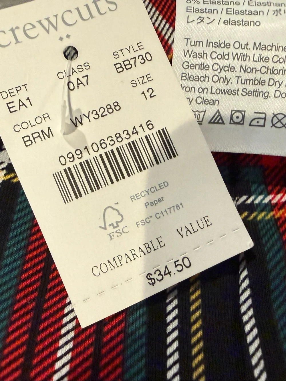 Crewcuts Tartan Plaid Leggings Size 12 NWT